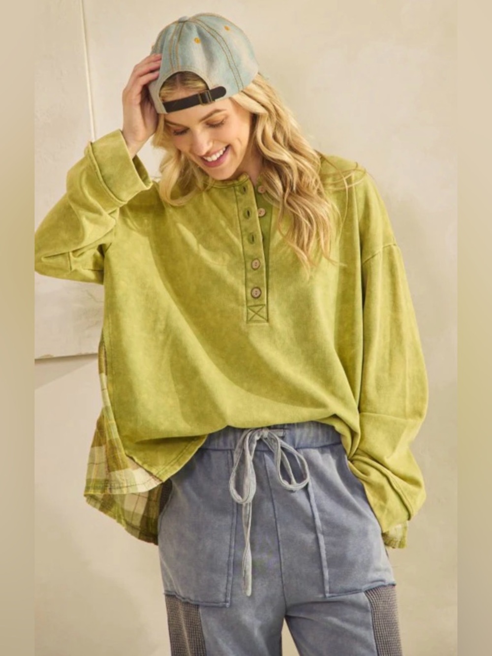 Oversized Olive Green Henley Pullover Top - Women
